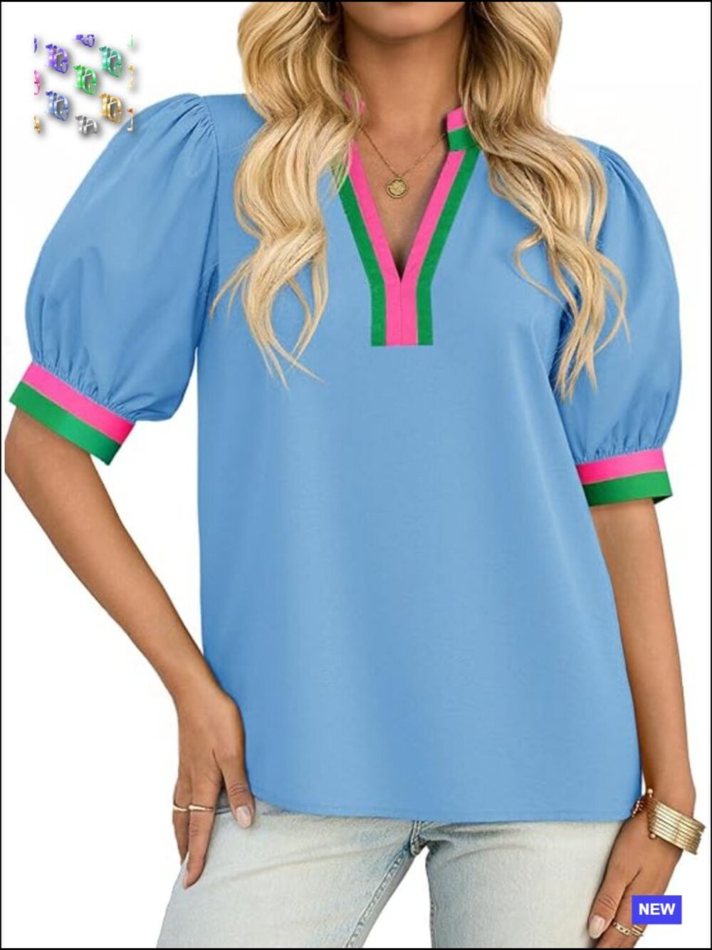 Color Block Puff Sleeve V Neck Cotton Blouse Dressy Casual Loose Fit Summer Top
